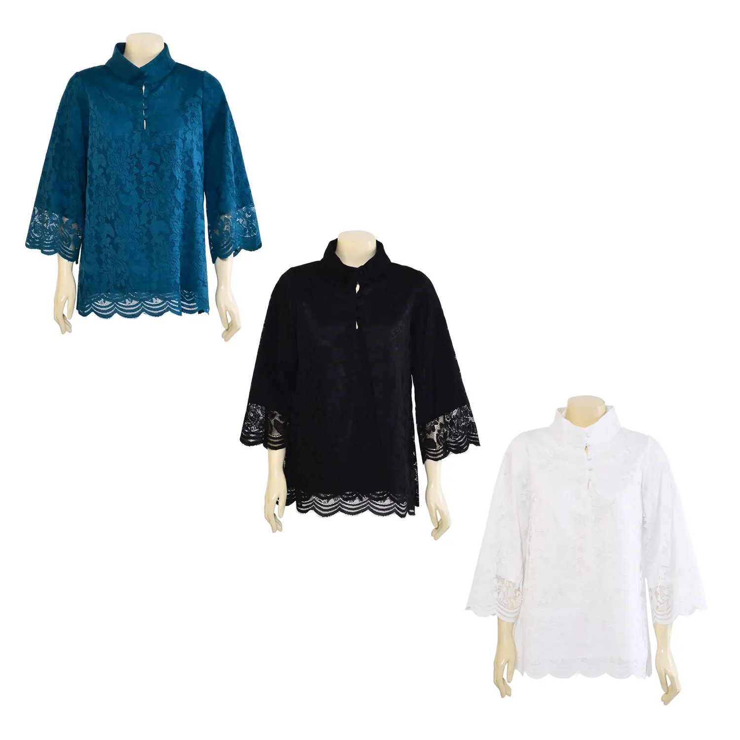 เสื้อสตรีคอจีนผ้าลูกไม้ แขนยาว ทรงตรง ชายบาน