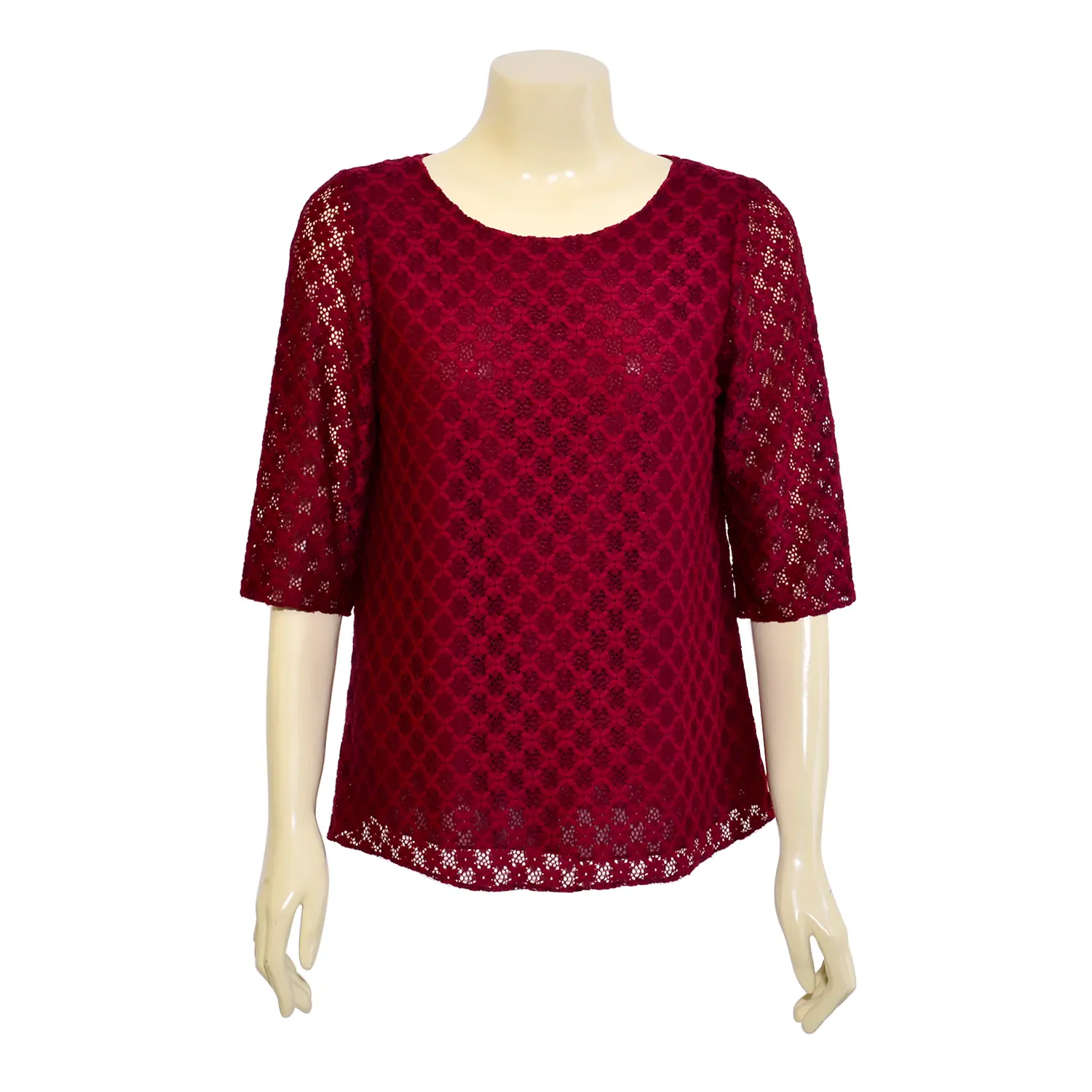 เสื้อสตรีคอกลมแบบสวม แขนกระบอกยาว 3 ส่วน ผ้าลูกไม้ไวโอเล็ต