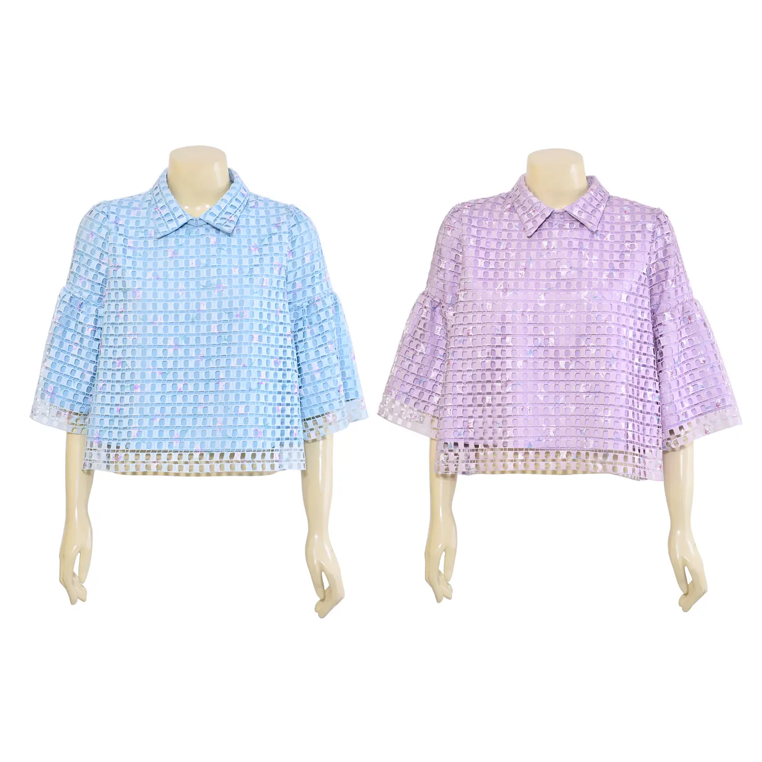 เสื้อคอปกแบบสวม แขน 3 ส่วนทรงกระดิ่ง ผ้าลูกไม้พิมพ์ลายดอกไม้