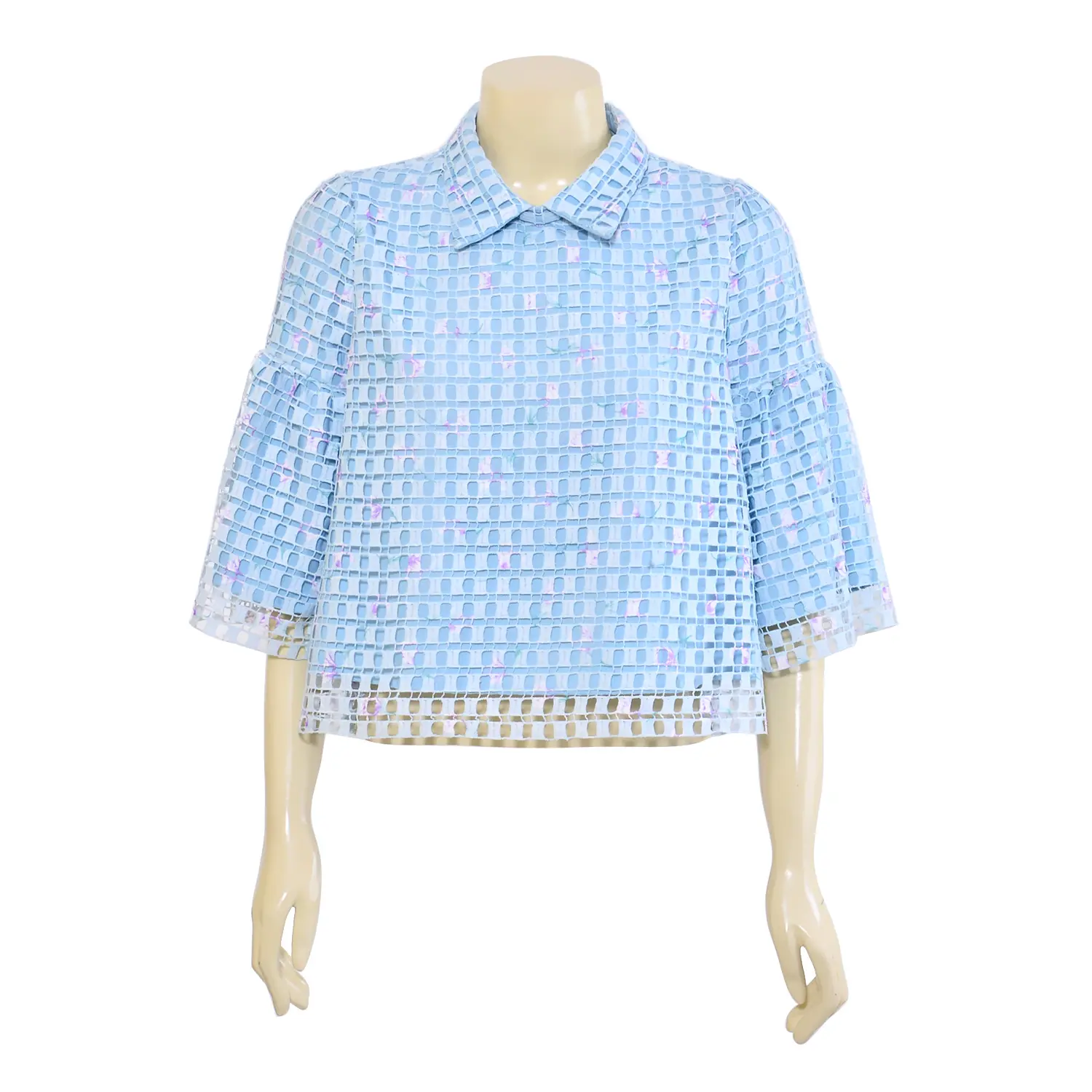 เสื้อคอปกแบบสวม แขน 3 ส่วนทรงกระดิ่ง ผ้าลูกไม้พิมพ์ลายดอกไม้ - Image 4