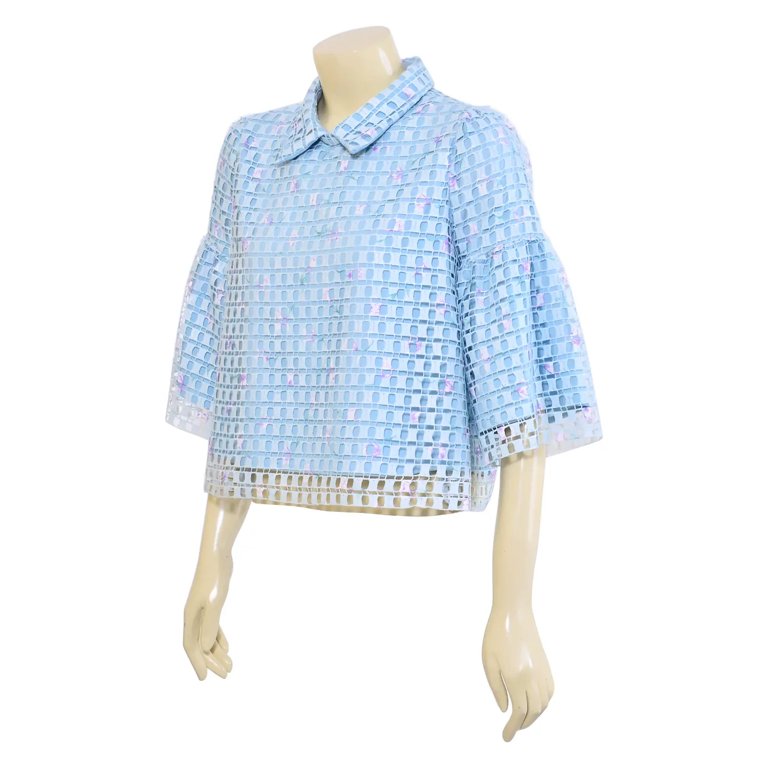 เสื้อคอปกแบบสวม แขน 3 ส่วนทรงกระดิ่ง ผ้าลูกไม้พิมพ์ลายดอกไม้ - Image 3