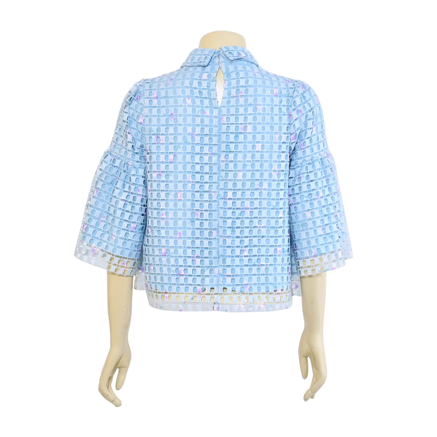 เสื้อคอปกแบบสวม แขน 3 ส่วนทรงกระดิ่ง ผ้าลูกไม้พิมพ์ลายดอกไม้ - Image 2