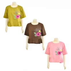 เสื้อสตรีคอกลม แบบสวม แขน 3 ส่วน ปักลายดอกไม้