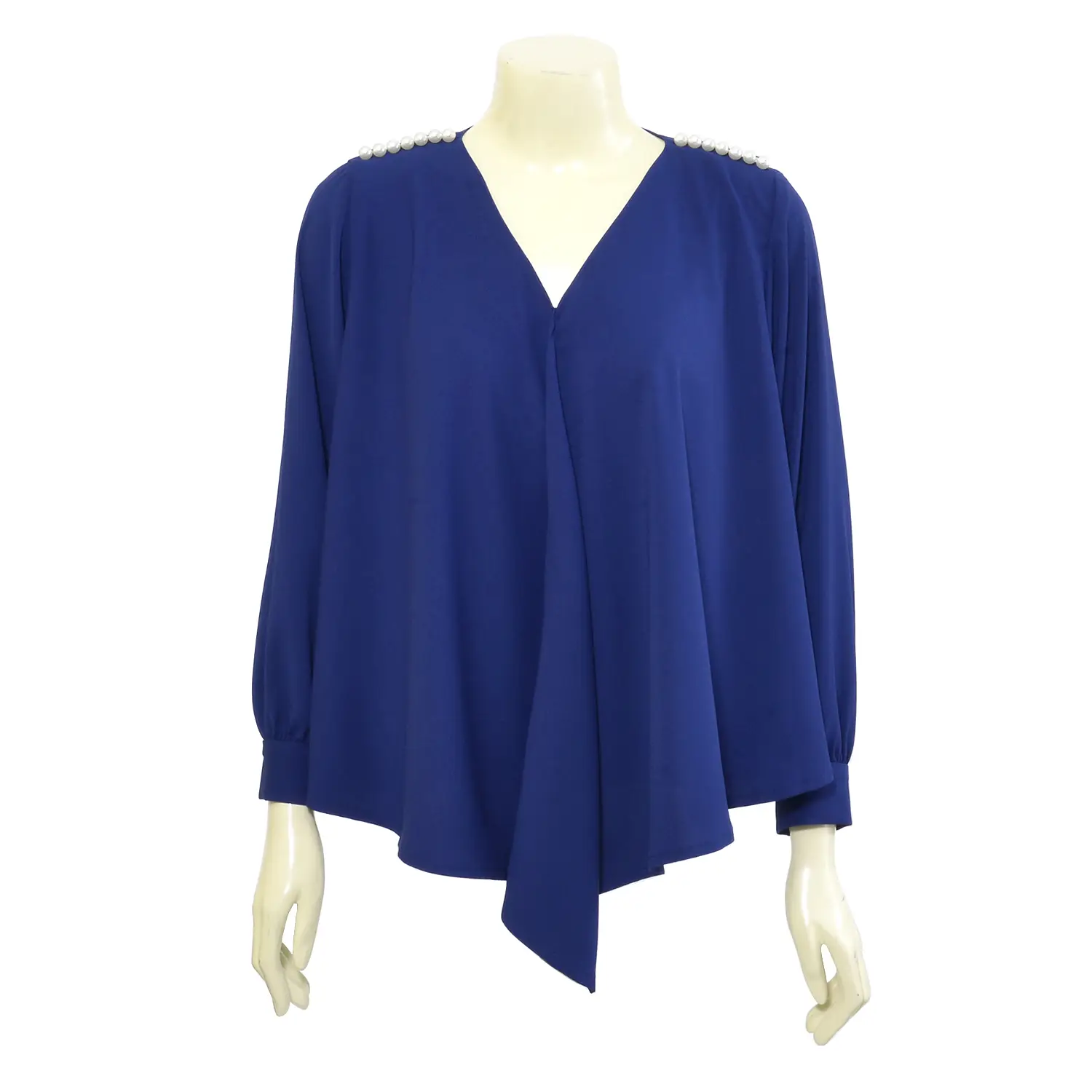 เสื้อสตรีคอวี แบบสวม แขนยาว ประดับลูกปัดมุก ตกแต่งผ้าระบายด้านหน้า - Image 2