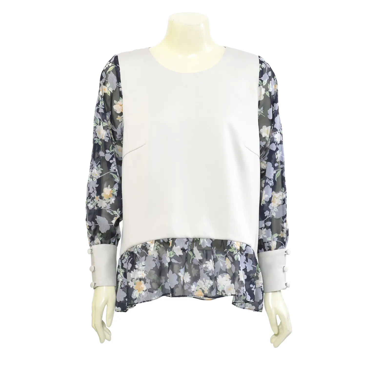 เสื้อสตรีคอกลม แบบสวม แขนยาว ตกแต่งผ้าชีฟอง พิมพ์ลายดอกไม้