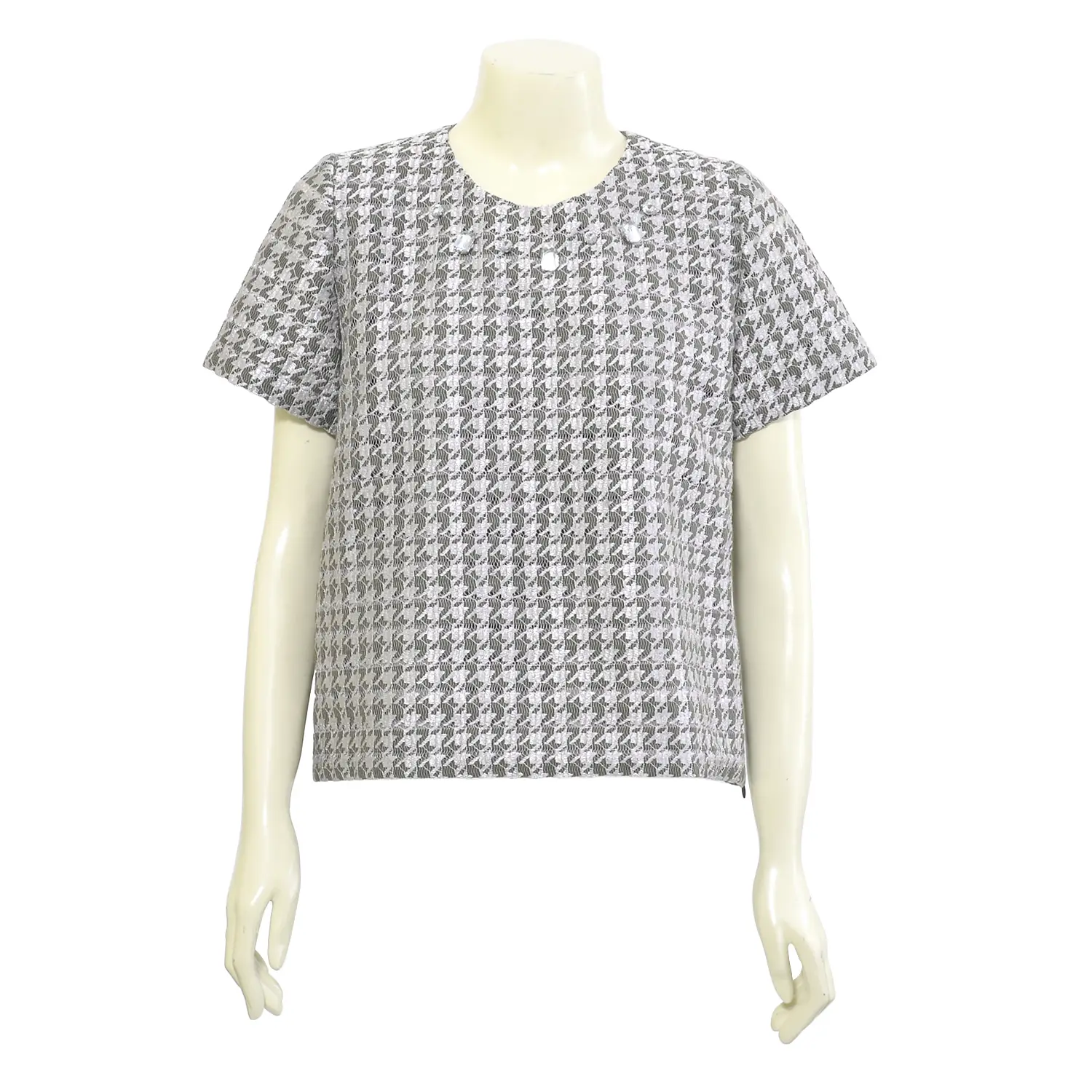 เสื้อสตรีคอกลม แบบสวม แขนสั้น ผ้าลูกไม้ลายทาง ตกแต่งลูกปัดเพชรช่วงอก