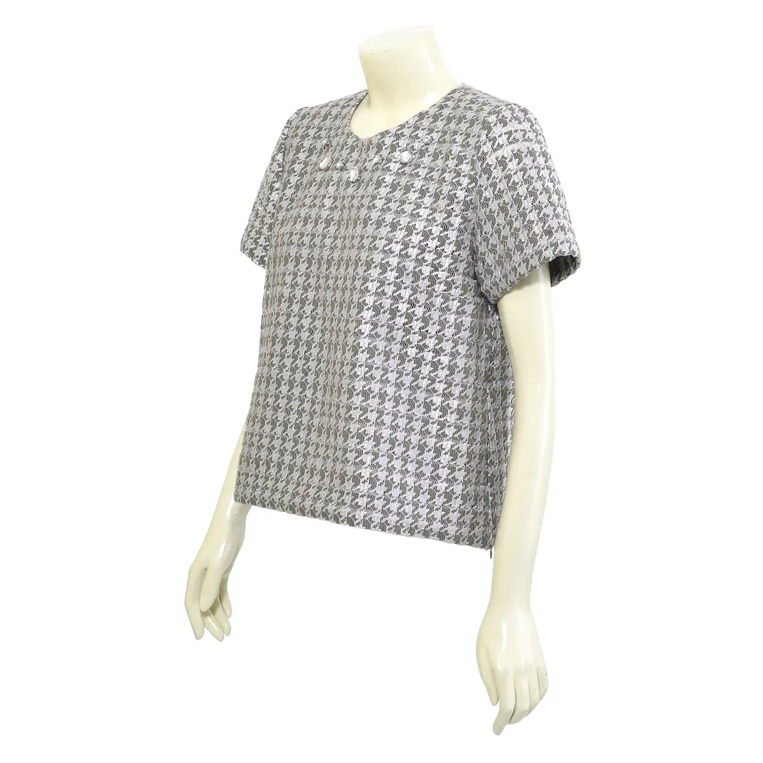 เสื้อสตรีคอกลม แบบสวม แขนสั้น ผ้าลูกไม้ลายทาง ตกแต่งลูกปัดเพชรช่วงอก - Image 2