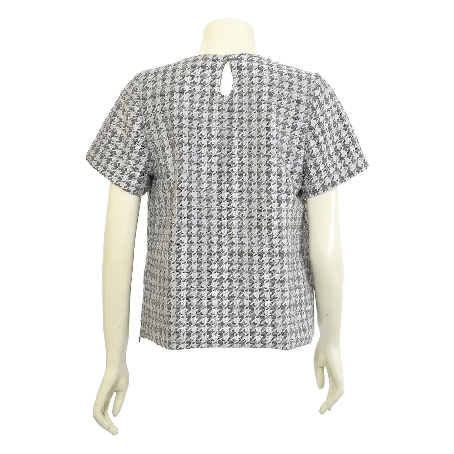 เสื้อสตรีคอกลม แบบสวม แขนสั้น ผ้าลูกไม้ลายทาง ตกแต่งลูกปัดเพชรช่วงอก - Image 3