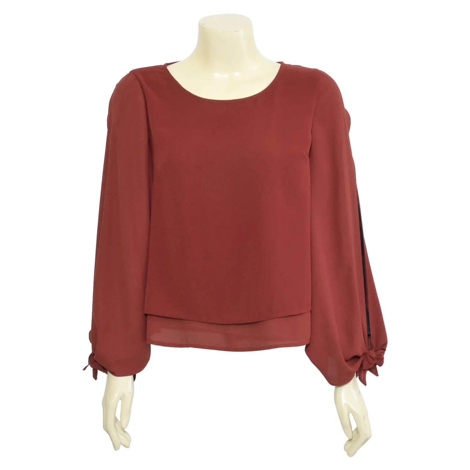 เสื้อสตรีคอกลม แบบสวม แขนยาว ตกแต่ง ปลายแขนผูกโบว์ - Image 4