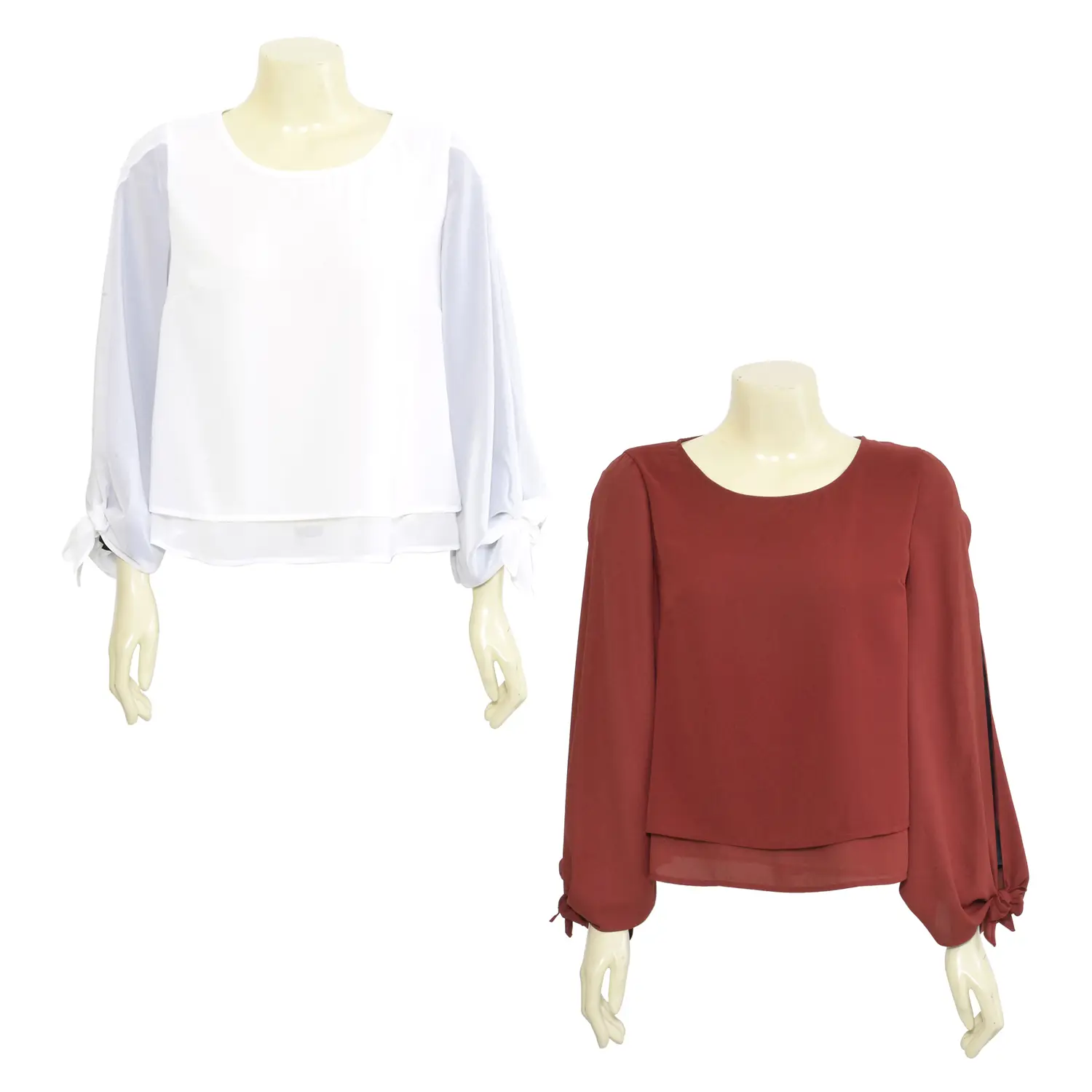 เสื้อสตรีคอกลม แบบสวม แขนยาว ตกแต่ง ปลายแขนผูกโบว์