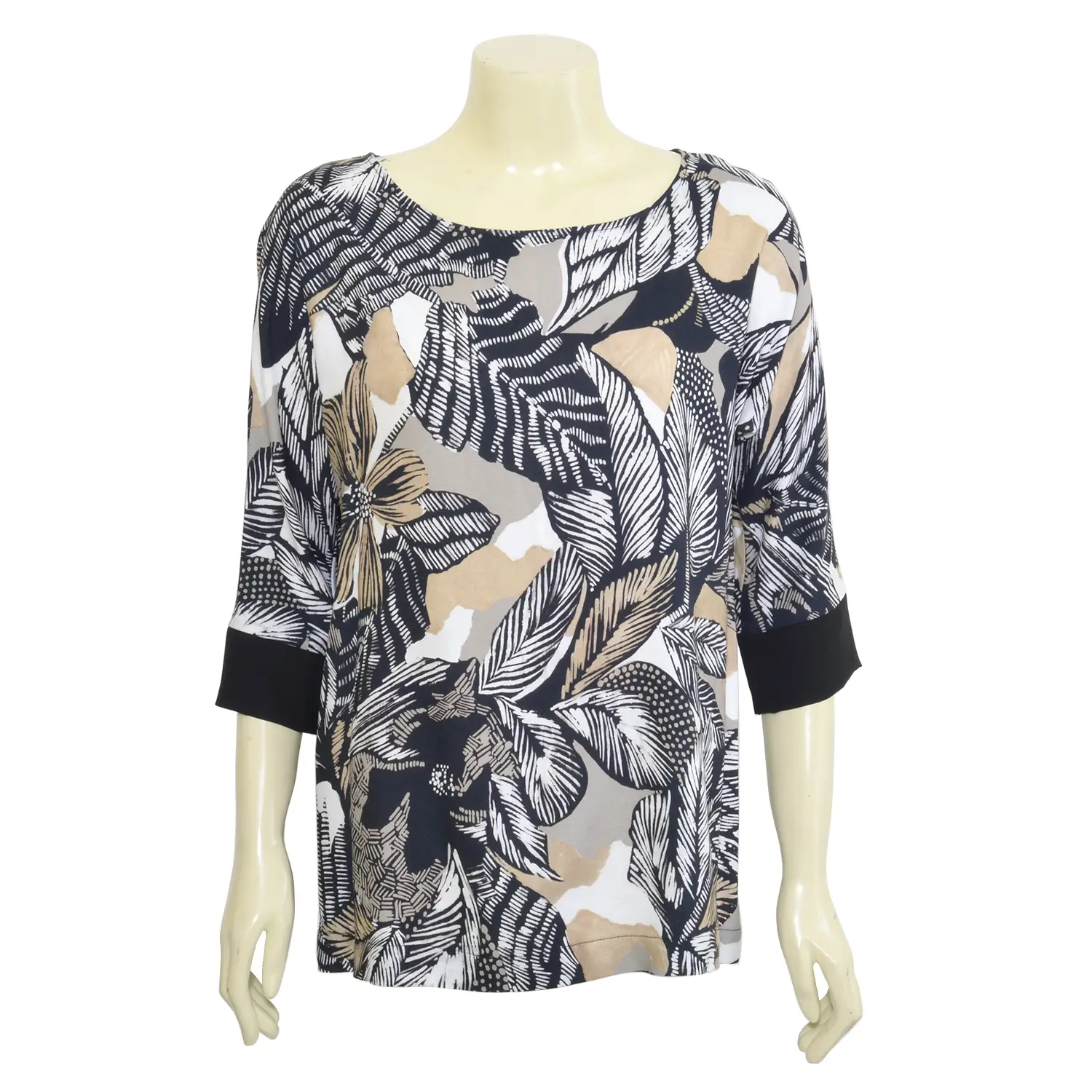 เสื้อสตรีคอปาด แบบสวม แขน 4 ส่วน พิมพ์ลายใบไม้