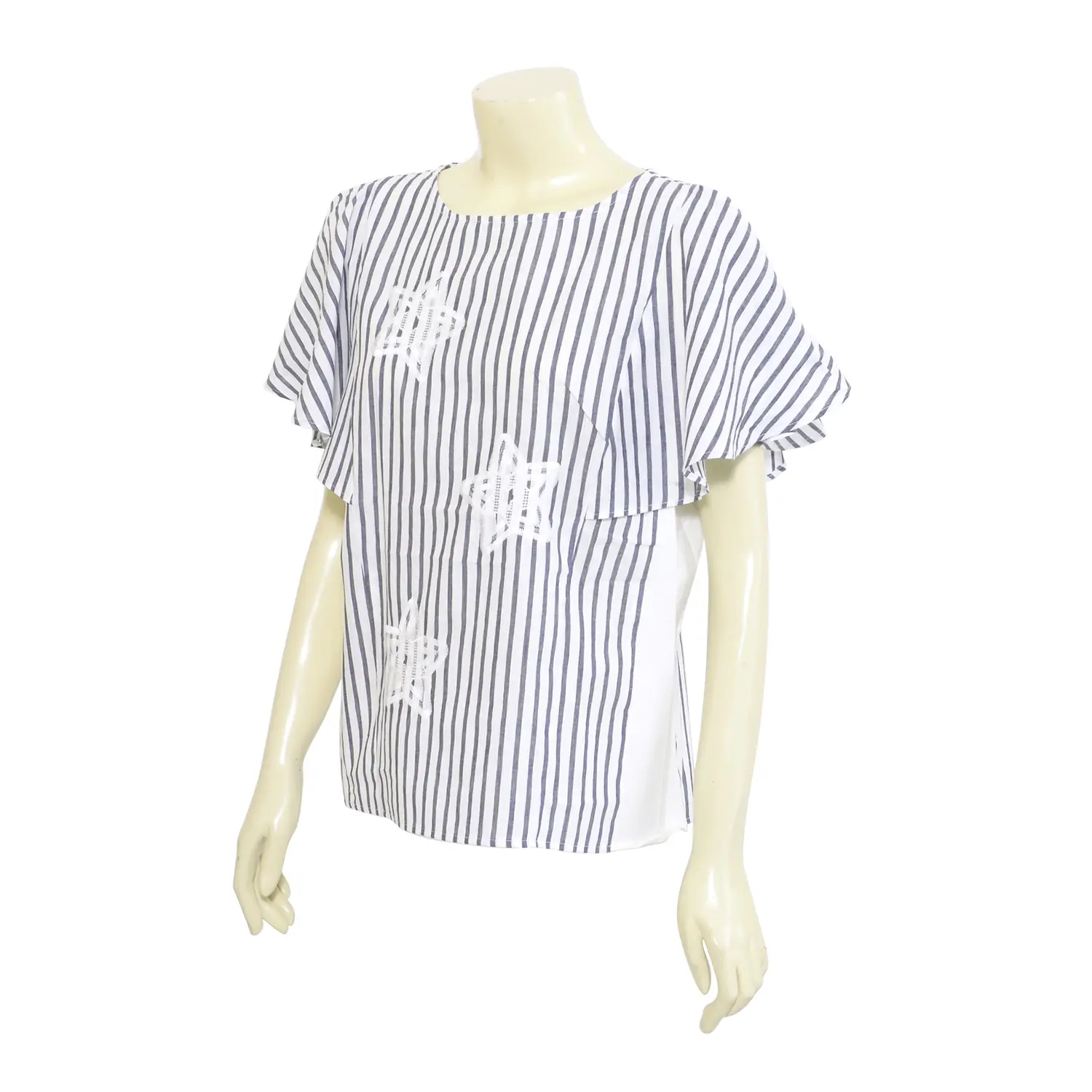 เสื้อสตรีคอกลมแบบสวม ปักลายดาวแขนสั้นตกแต่งระบาย - Image 4