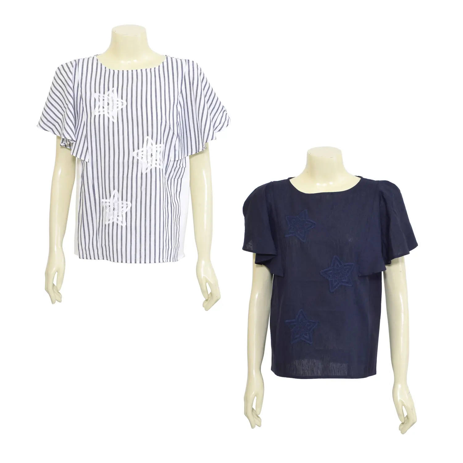 เสื้อสตรีคอกลมแบบสวม ปักลายดาวแขนสั้นตกแต่งระบาย