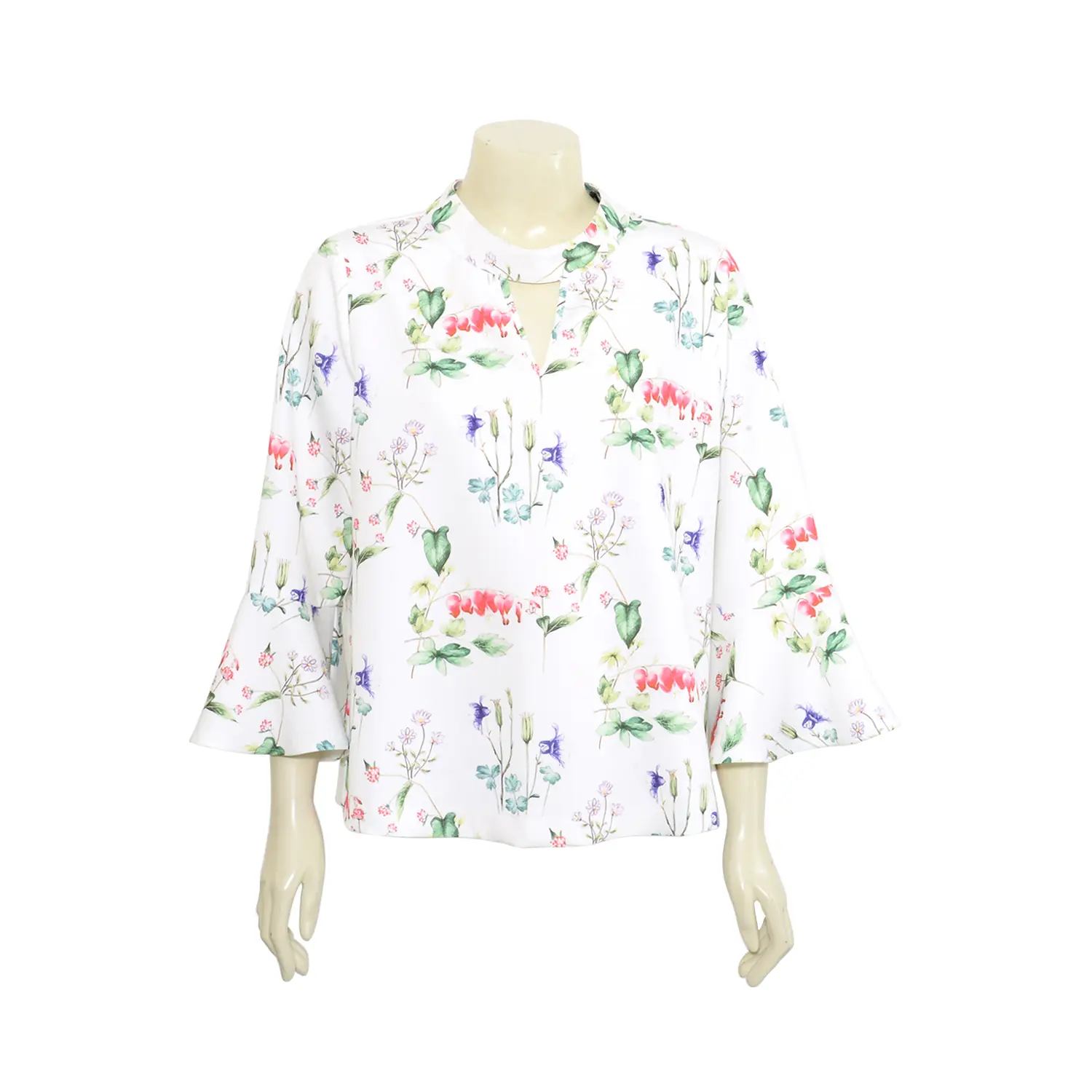 เสื้อสตรีคอตั้ง แบบสวม ผ่าคอหน้ารูปตัววี แขนยาว ทรงแขนกระดิ่ง ผ้าพิมพ์ลายดอกไม้