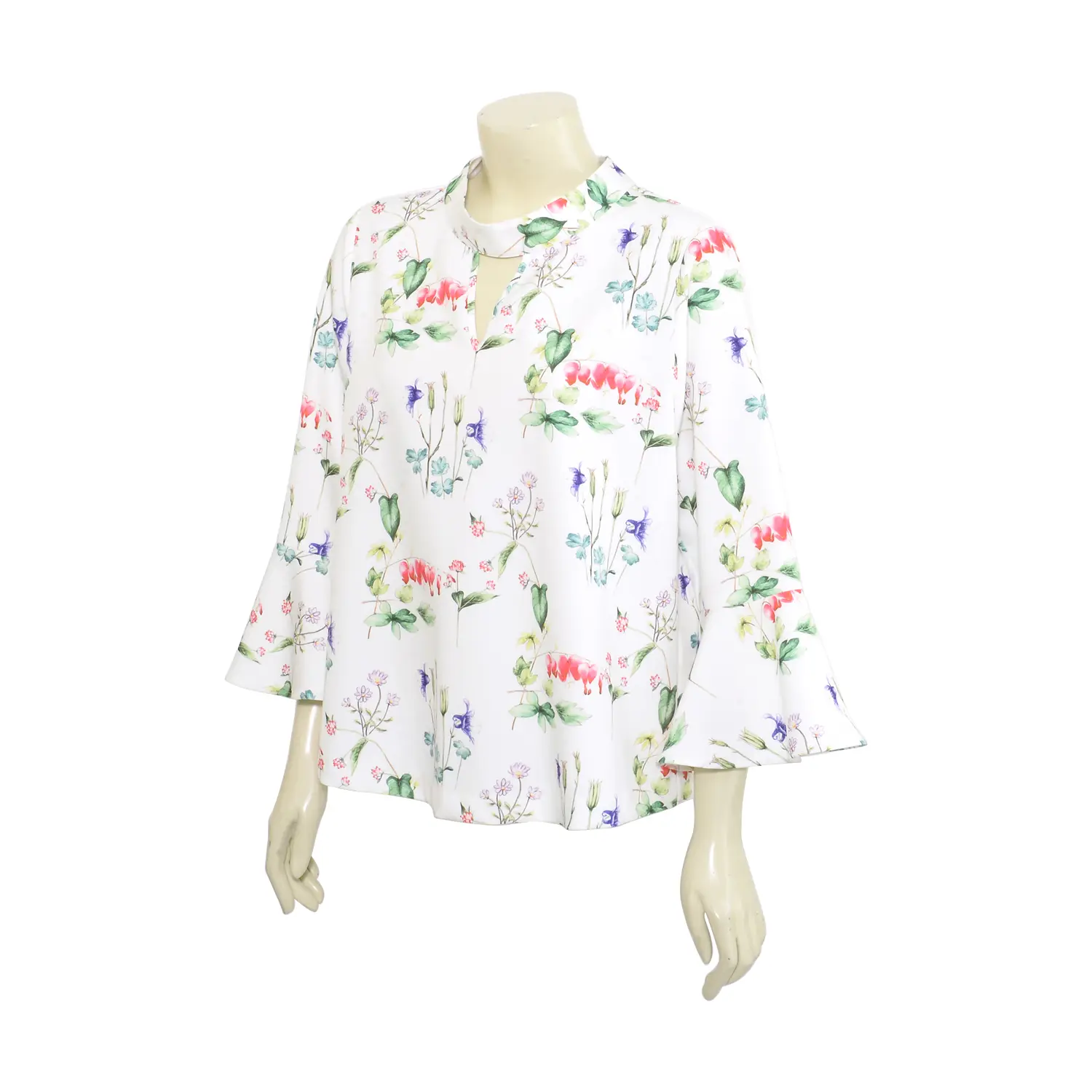 เสื้อสตรีคอตั้ง แบบสวม ผ่าคอหน้ารูปตัววี แขนยาว ทรงแขนกระดิ่ง ผ้าพิมพ์ลายดอกไม้ - Image 2