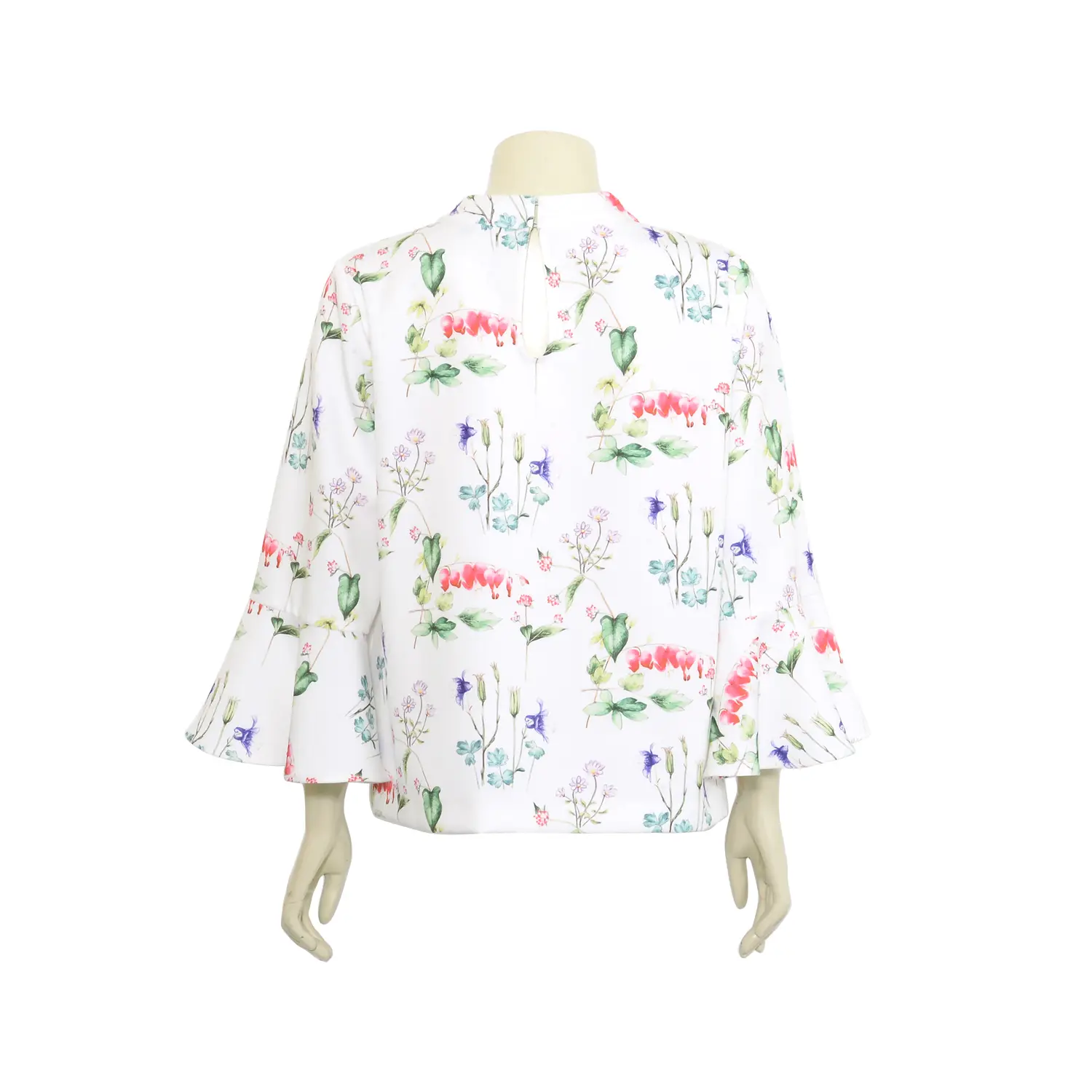 เสื้อสตรีคอตั้ง แบบสวม ผ่าคอหน้ารูปตัววี แขนยาว ทรงแขนกระดิ่ง ผ้าพิมพ์ลายดอกไม้ - Image 3