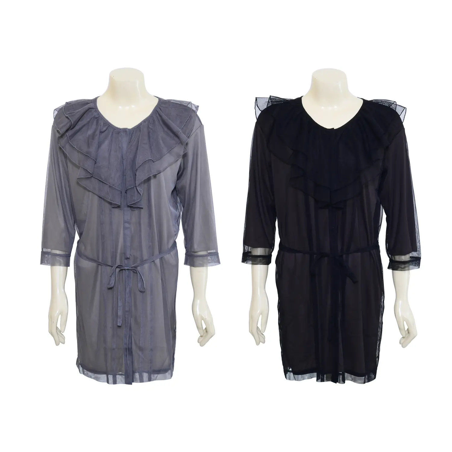 เสื้อตัวยาวคอกลมตกแต่ง ระบาย แขน 3 ส่วน ผ้าทูล