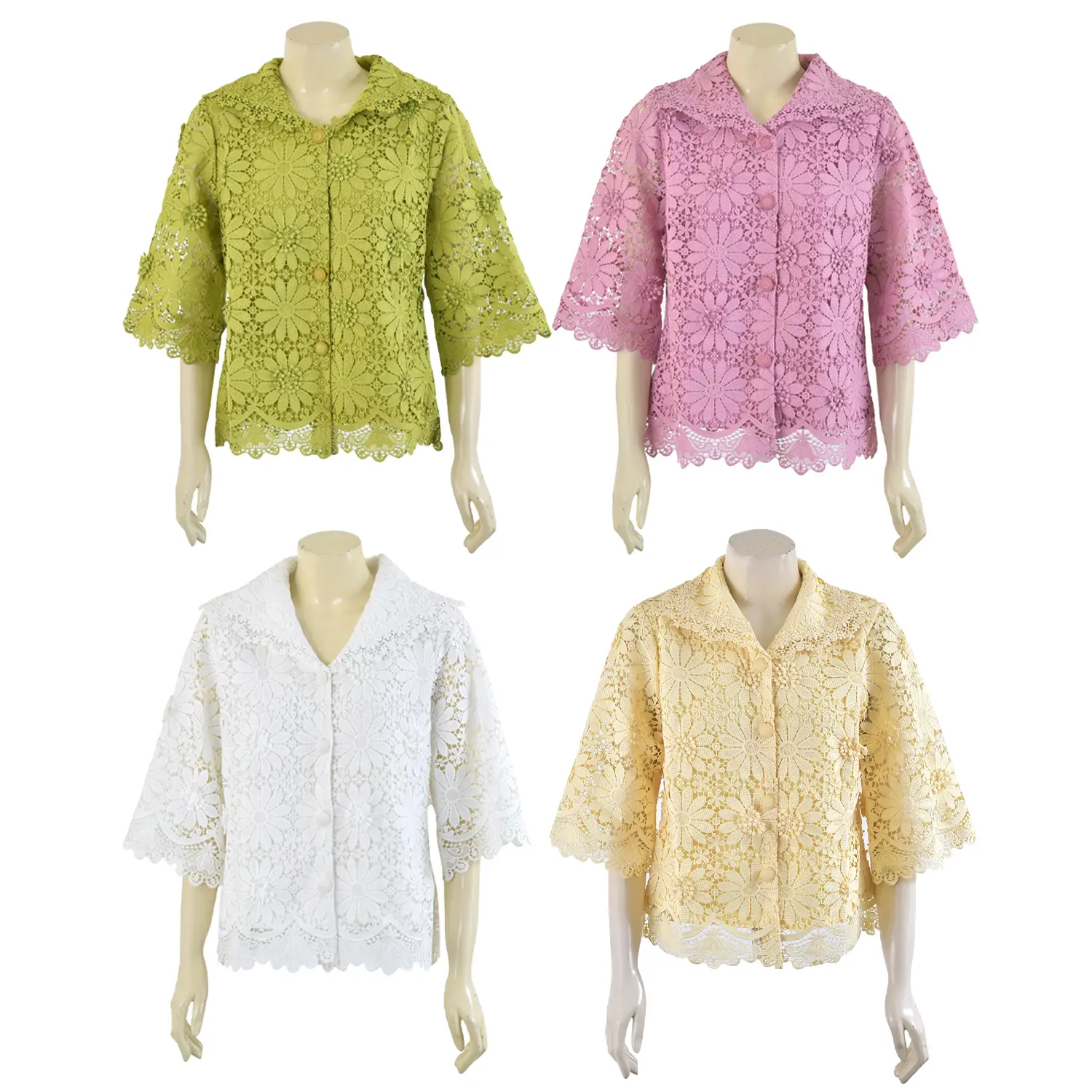 เสื้อสตรีคอปกกระดุมหน้า แขน 4 ส่วน ผ้าลูกไม้สามมิติ