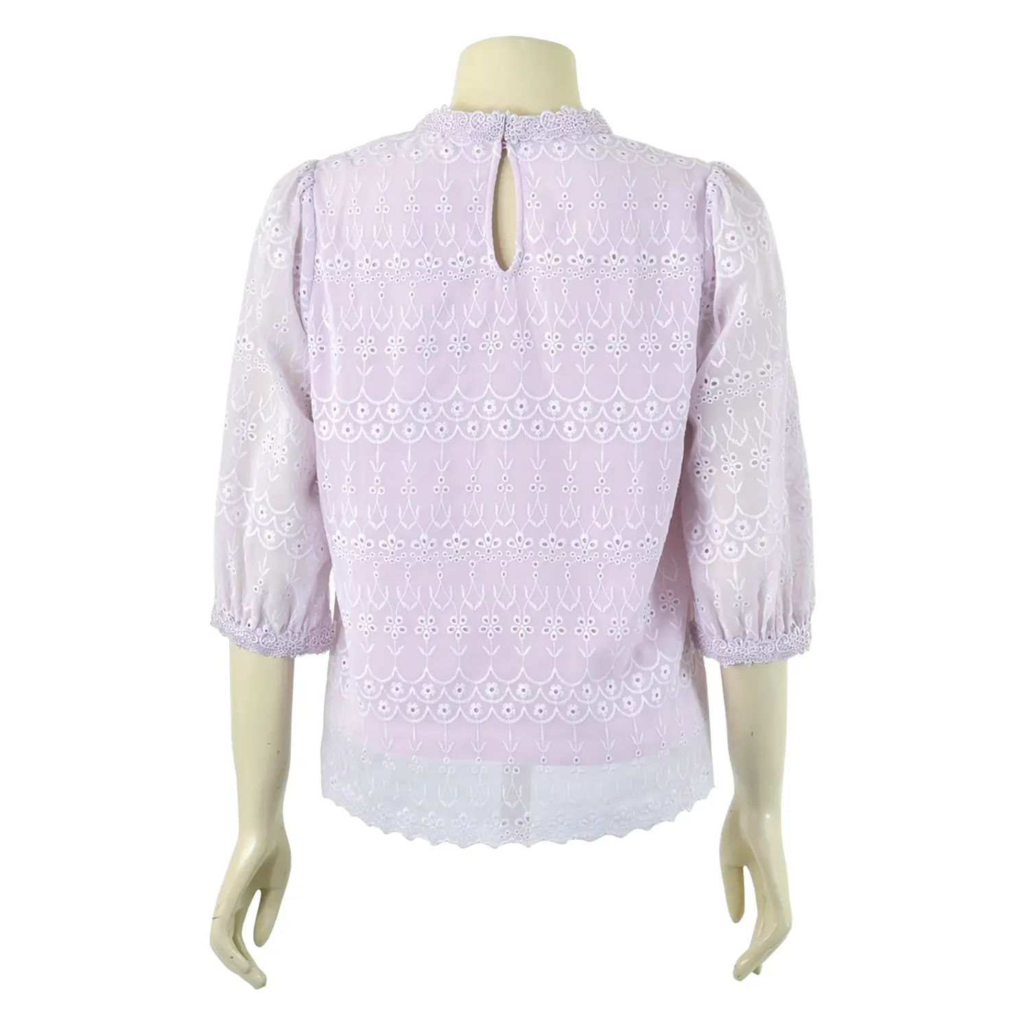 เสื้อสตรีคอตั้งเสริมฐานคอ แขนตุ๊กตายาว 4 ส่วน ผ้าลูกไม้ลายดอกไม้ - Image 3