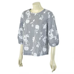 เสื้อสตรีคอกลม ลายทาง ผสมลายดอกไม้  แขนตุ๊กตายาว 4 ส่วน - Image 2