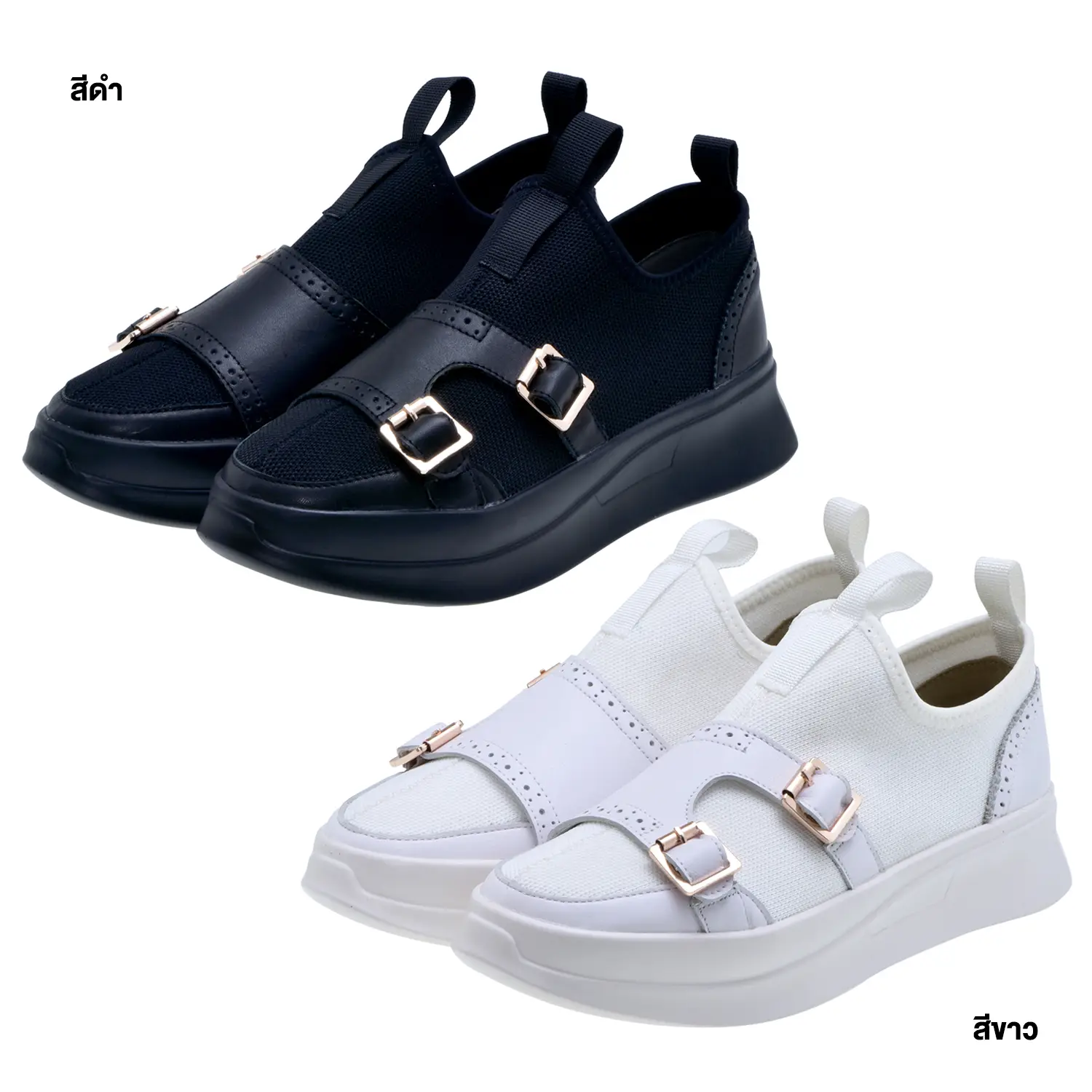 รองเท้าสนีกเกอร์ ผ้าถักตกแต่งหนังวัว และตัวล็อก ดีไซน์ Double Monkstrap