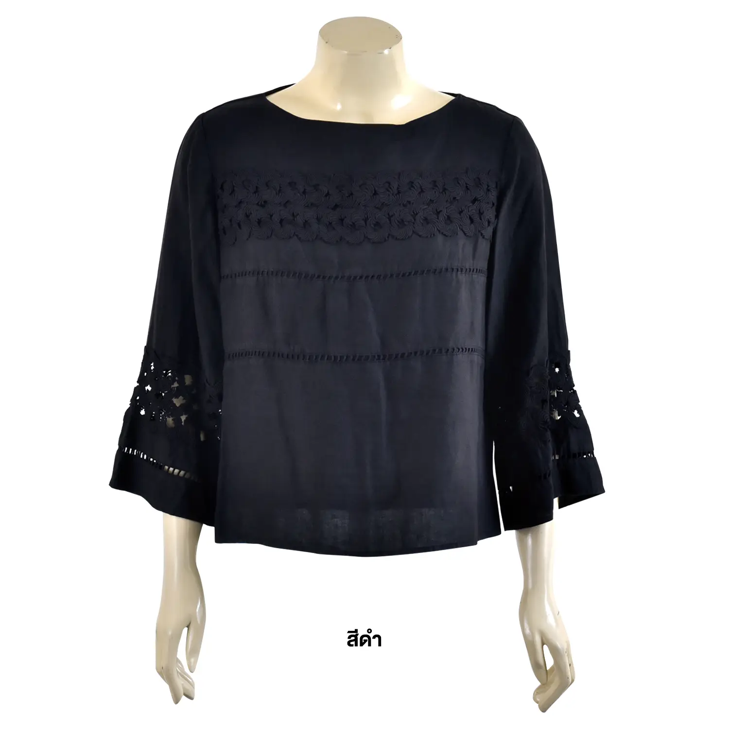 เสื้อสตรีคอปาด แขนยาว 4 ส่วน ตกแต่งลูกไม้ ด้านหน้าและปลายแขน - Image 4