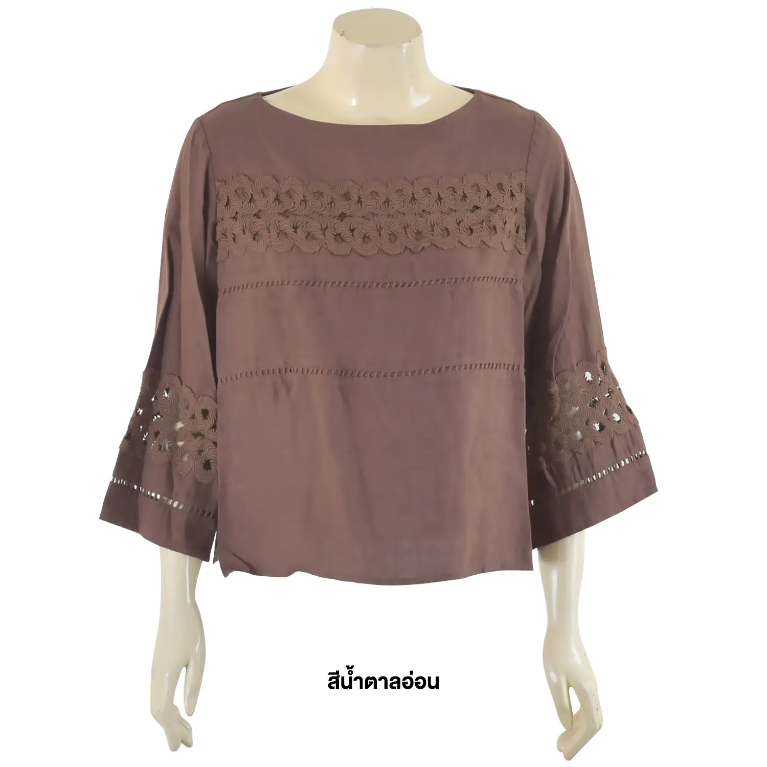 เสื้อสตรีคอปาด แขนยาว 4 ส่วน ตกแต่งลูกไม้ ด้านหน้าและปลายแขน - Image 2