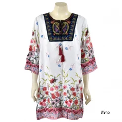 เดรสคอวี ตกแต่งลายปัก  แขน 4 ส่วน ผ้าพิมพ์ ลายดอกไม้ รุ่น Flora_A - Image 5