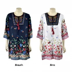 เดรสคอวี ตกแต่งลายปัก  แขน 4 ส่วน ผ้าพิมพ์ ลายดอกไม้ รุ่น Flora_A