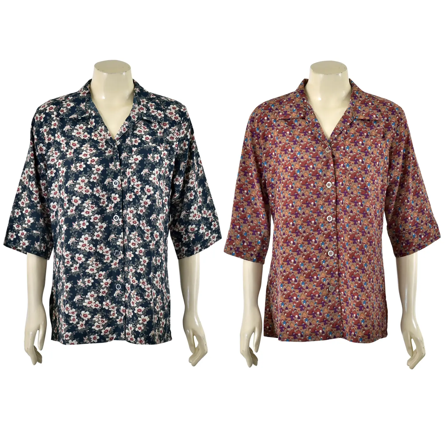 เซตเสื้อเชิ้ตสตรี แขน 4 ส่วน ผ้าพิมพ์ลายดอกไม้โทนเขียว และเสื้อเชิ้ตสตรี แขน 4 ส่วน ผ้าพิมพ์ลายดอกไม้สีสดใส - Image 5