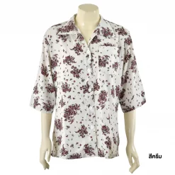 เซตเสื้อเชิ้ตสตรี แขน 4 ส่วน ผ้าพิมพ์ลายพัดสีเหลือง และเสื้อเชิ้ตสตรี แขน 4 ส่วน ผ้าพิมพ์ลายดอกไม้พื้นครีม - Image 4