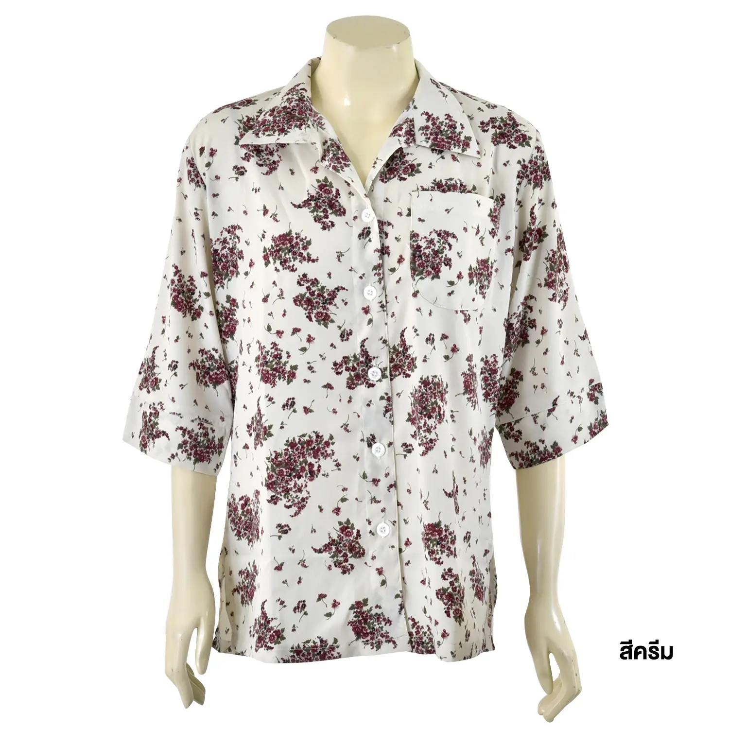 เซตเสื้อเชิ้ตสตรี แขน 4 ส่วน ผ้าพิมพ์ลายพัดสีเหลือง และเสื้อเชิ้ตสตรี แขน 4 ส่วน ผ้าพิมพ์ลายดอกไม้พื้นครีม - Image 4