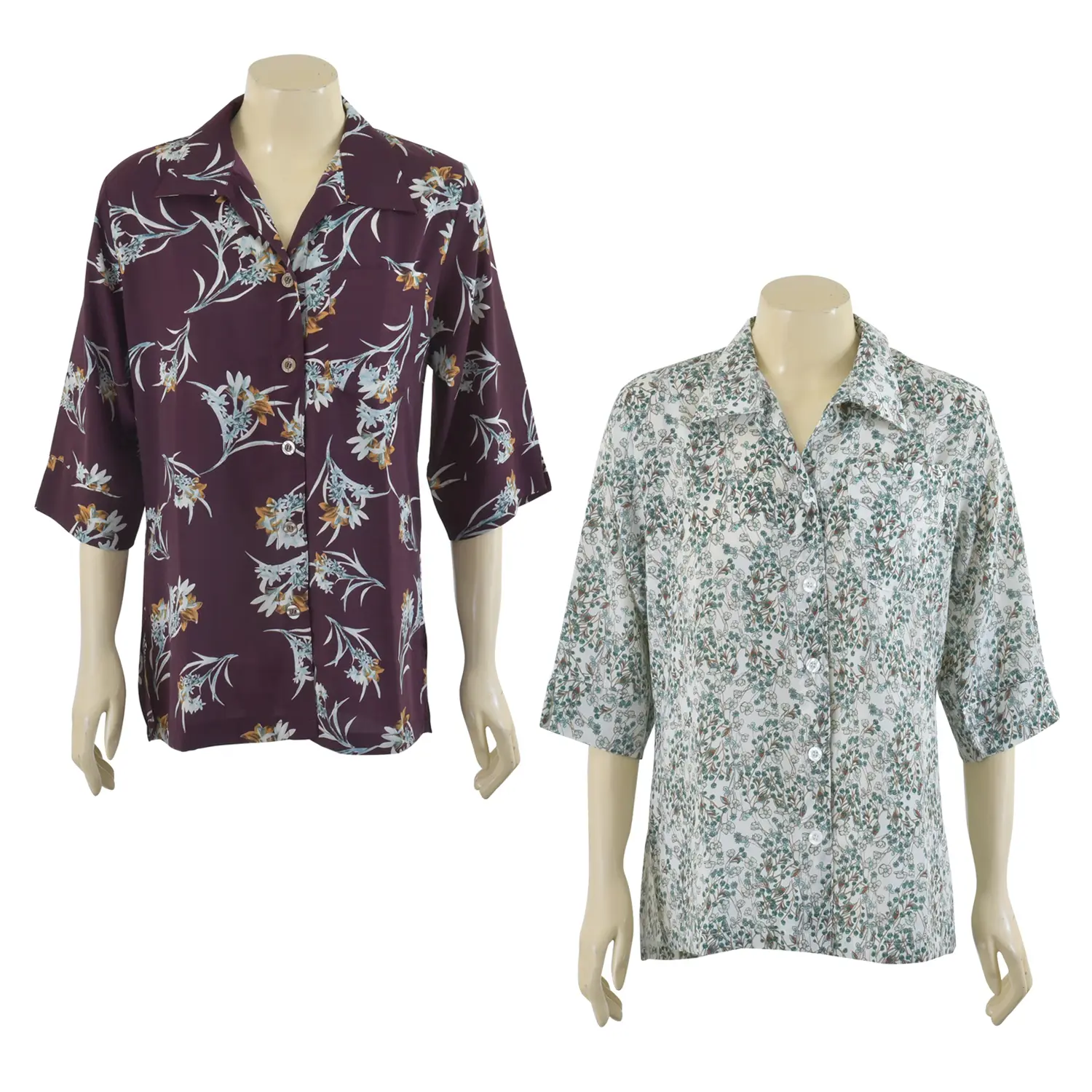 เซตเสื้อเชิ้ตสตรี แขน 4 ส่วน ผ้าพิมพ์ลายดอกไม้ พื้นสีน้ำตาลอมแดง และเสื้อเชิ้ตสตรี แขน 4 ส่วน ผ้าพิมพ์ลายดอกไม้พื้นขาวครีม - Image 9