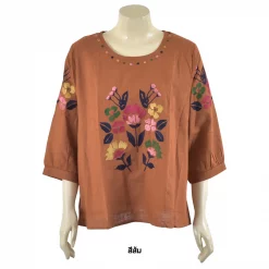 เสื้อสตรีคอกลม แขนยาว 4 ส่วนจั๊มปลายแขน ตกแต่งลายปักรูปดอกไม้ - Image 5