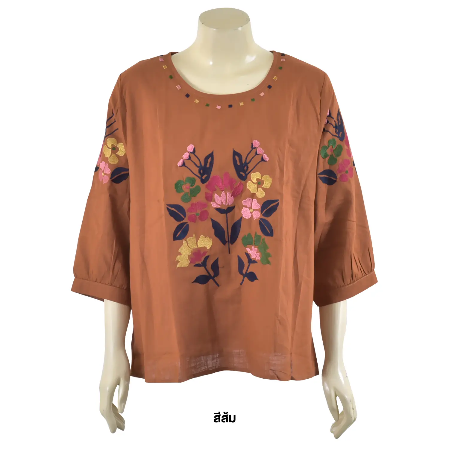 เสื้อสตรีคอกลม แขนยาว 4 ส่วนจั๊มปลายแขน ตกแต่งลายปักรูปดอกไม้ - Image 5
