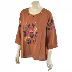เสื้อสตรีคอกลม แขนยาว 4 ส่วนจั๊มปลายแขน ตกแต่งลายปักรูปดอกไม้ - Image 4