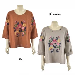 เสื้อสตรีคอกลม แขนยาว 4 ส่วนจั๊มปลายแขน ตกแต่งลายปักรูปดอกไม้ - Image 2