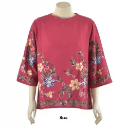 เสื้อสตรีคอกลม แขนยาว 4 ส่วน ตกแต่งลายปัก รูปดอกไม้ - Image 4