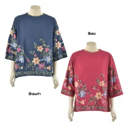 เสื้อสตรีคอกลม แขนยาว 4 ส่วน ตกแต่งลายปัก รูปดอกไม้ - Image 5