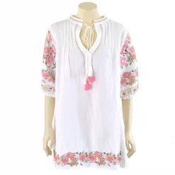 เสื้อคอกลมผ่าหน้า ผูกเชือกปลายพู่  แขน 4 ส่วน ผ้าปักลาย