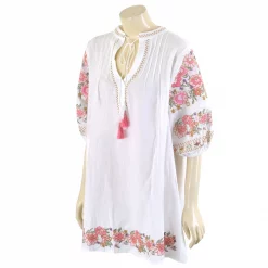 เสื้อคอกลมผ่าหน้า ผูกเชือกปลายพู่  แขน 4 ส่วน ผ้าปักลาย - Image 2