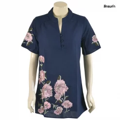 เสื้อคอจีนผ่าหน้า แขนสั้น ผ้าปักลายดอกกุหลาบ - Image 6
