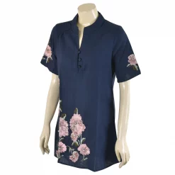 เสื้อคอจีนผ่าหน้า แขนสั้น ผ้าปักลายดอกกุหลาบ - Image 2