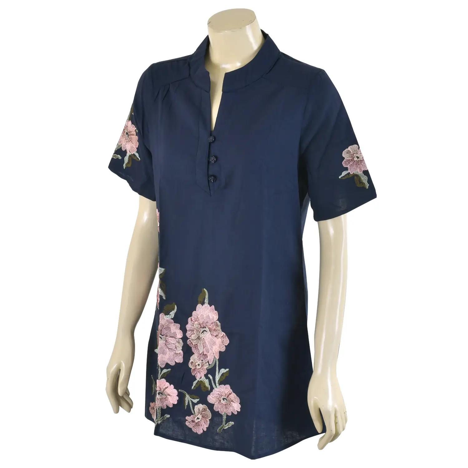 เสื้อคอจีนผ่าหน้า แขนสั้น ผ้าปักลายดอกกุหลาบ - Image 2