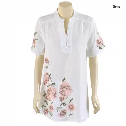 เสื้อคอจีนผ่าหน้า แขนสั้น  ผ้าปักลายดอกกุหลาบ