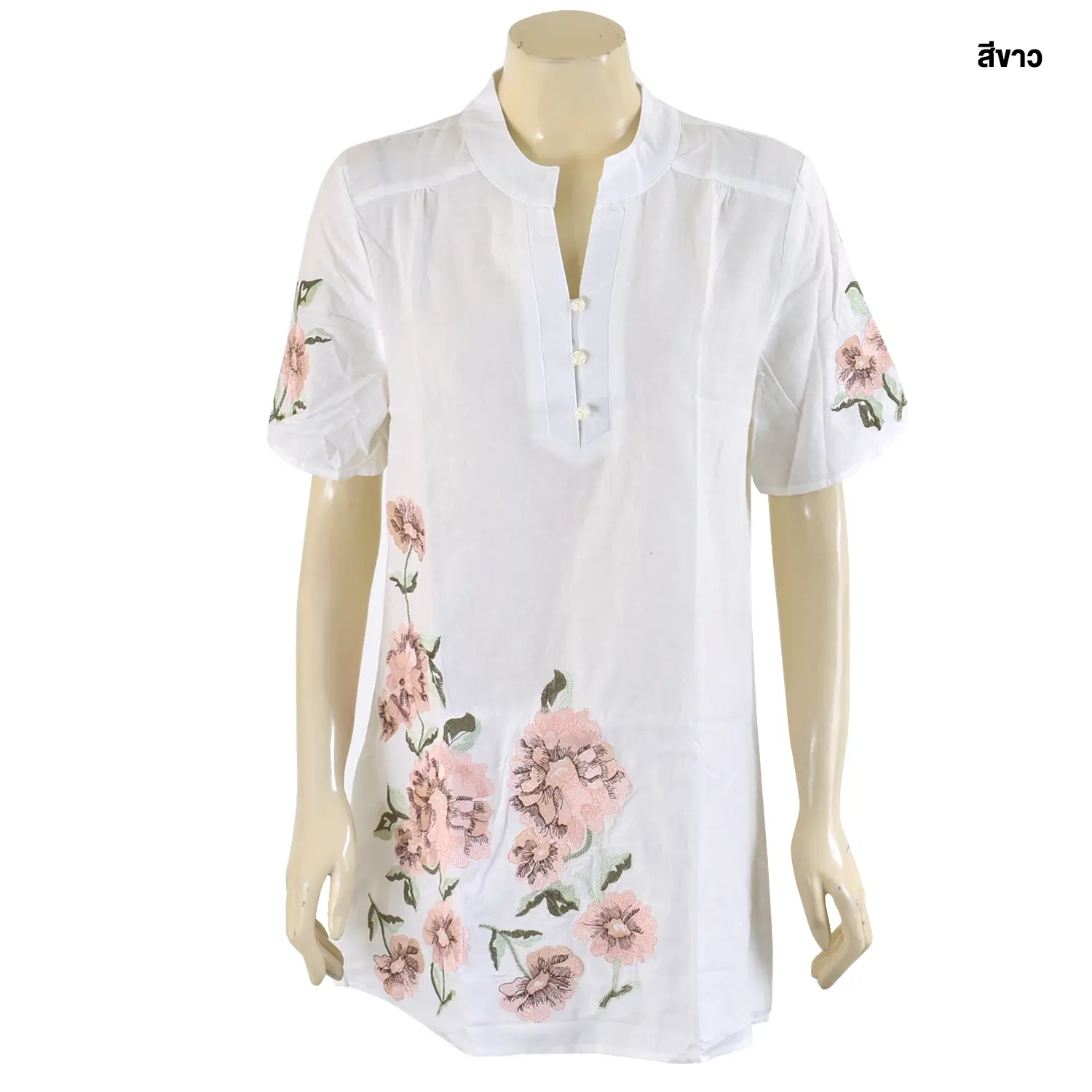 เสื้อคอจีนผ่าหน้า แขนสั้น ผ้าปักลายดอกกุหลาบ
