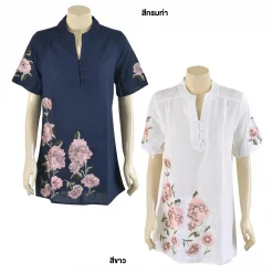 เสื้อคอจีนผ่าหน้า แขนสั้น ผ้าปักลายดอกกุหลาบ - Image 4