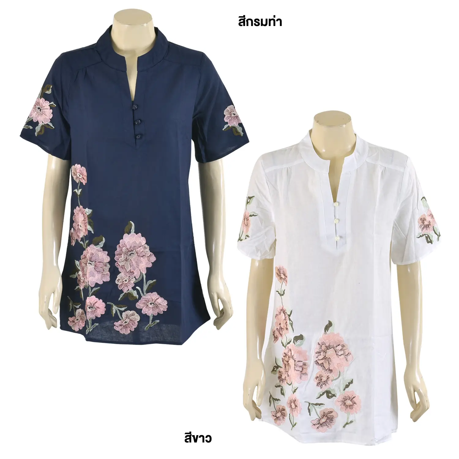 เสื้อคอจีนผ่าหน้า แขนสั้น ผ้าปักลายดอกกุหลาบ - Image 4