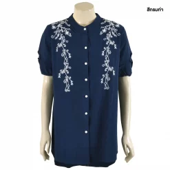 เสื้อคอจีน แขนสั้นแต่งระบาย  ผ้าปักลายไม้เลื้อย - Image 2