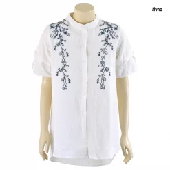 เสื้อคอจีน แขนสั้นแต่งระบาย  ผ้าปักลายไม้เลื้อย